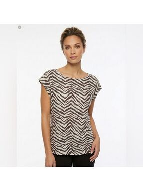 TAHARI 100% Linen Brown / Cream Zebra Print Cap Sleeve Tee Back Button Detail XL